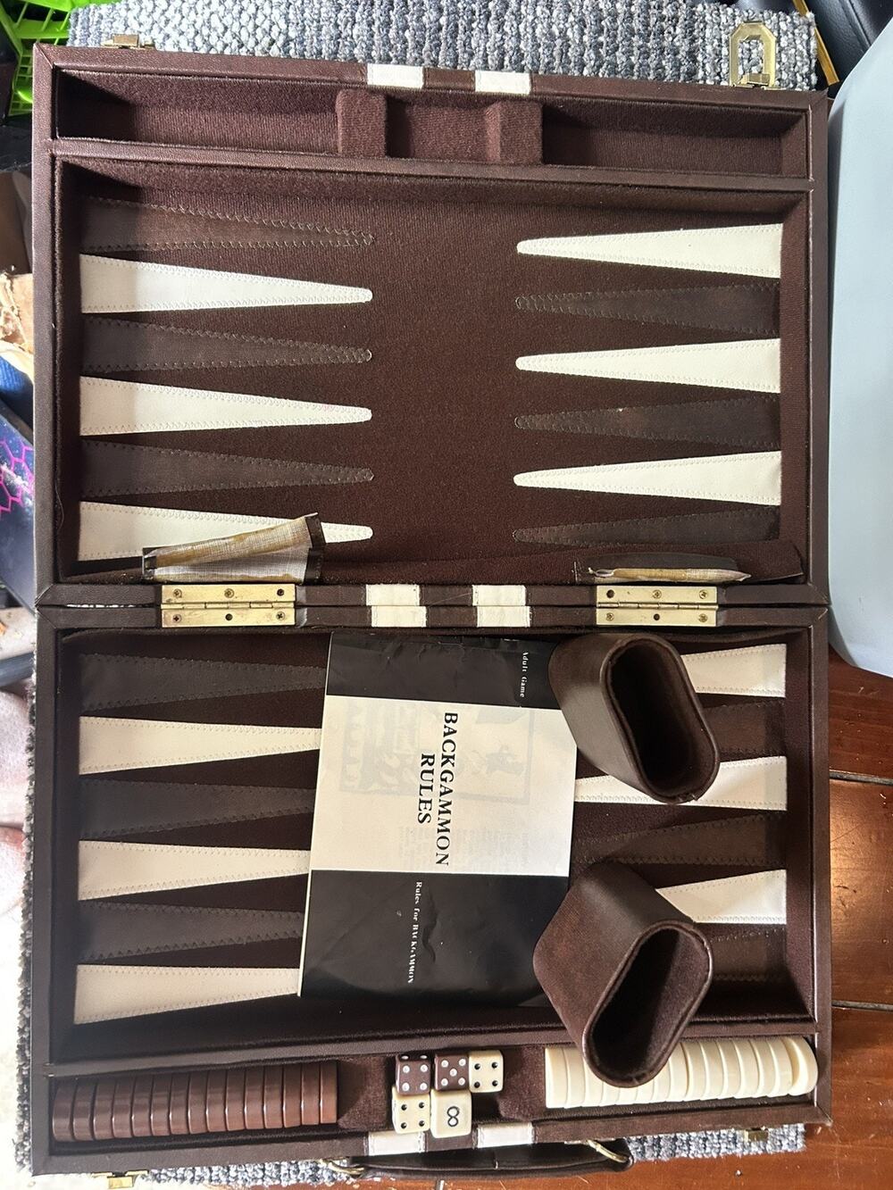 Vintage Backgammon Game Set Brown Velvet & Faux Leather Case Complete 15" x 10"